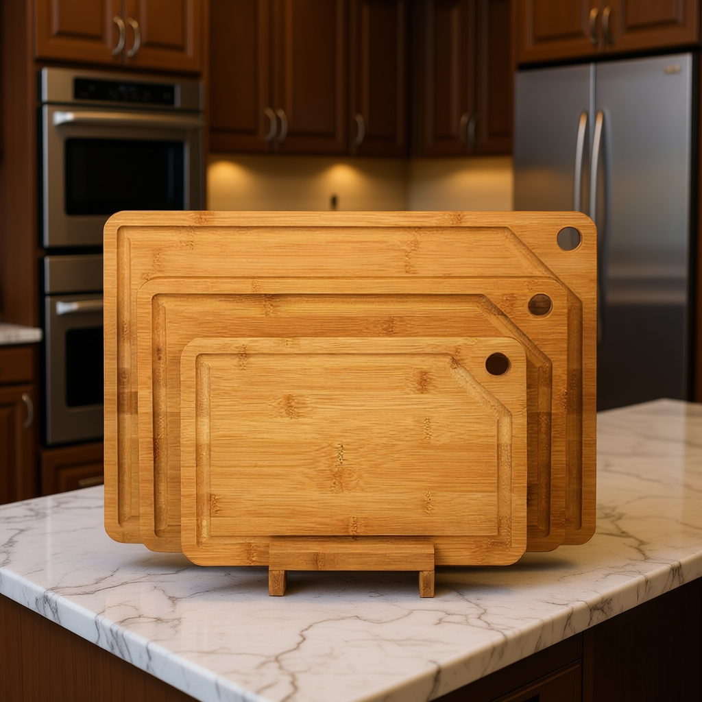 Bamboo Cutting/Serving Board Set, 4pcs, including Holder
