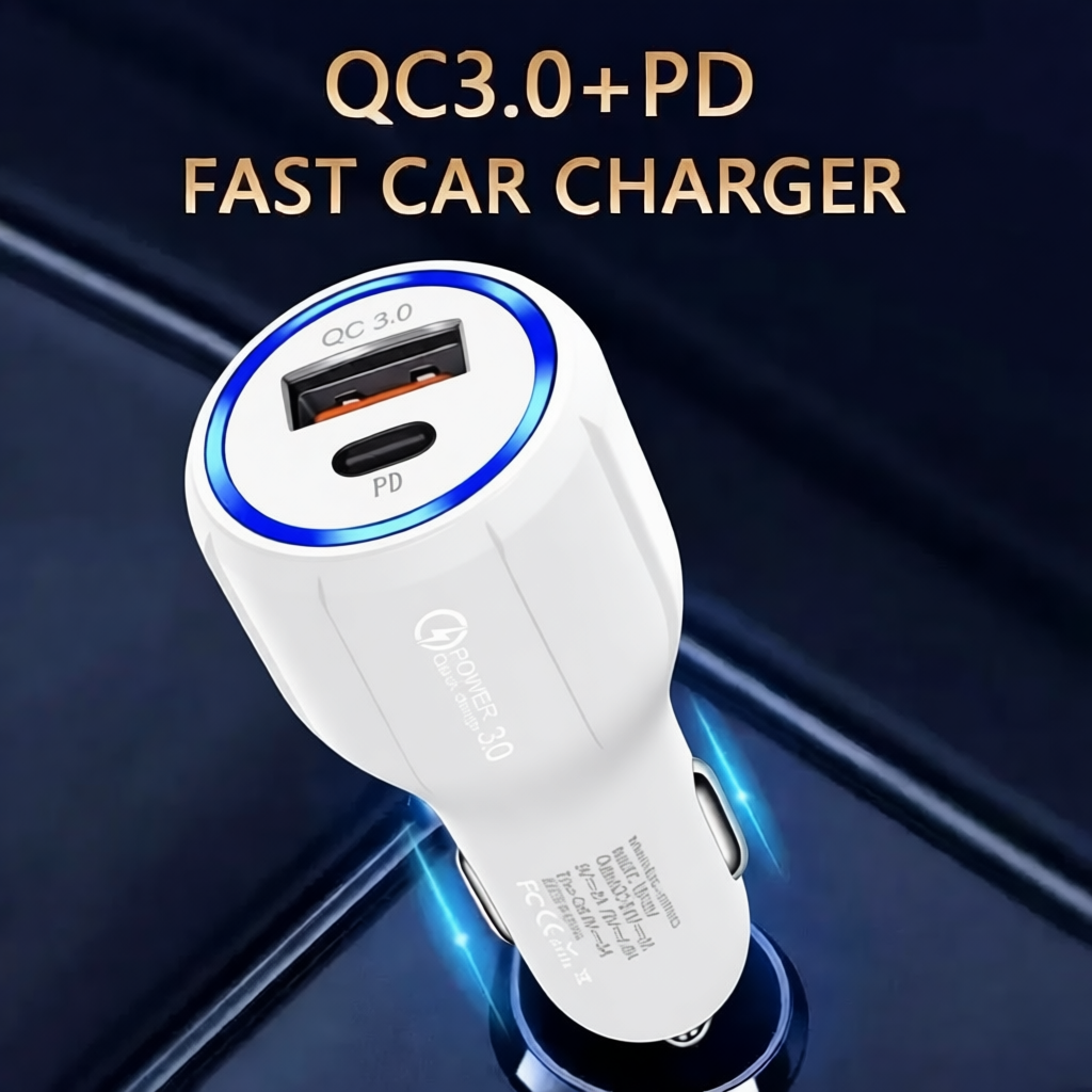 2 Outlets, White, Car Cell Phone Charger, High Power, 3A