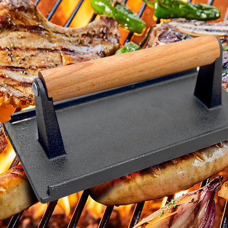 Cast Iron Grill Press, Rectangular for Bacon and Steak, Hardwood Handle