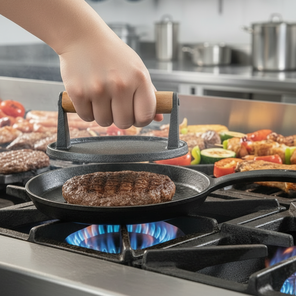 Cast Iron Grill Press, Round for Burgers and Stakes, Hardwood Handle