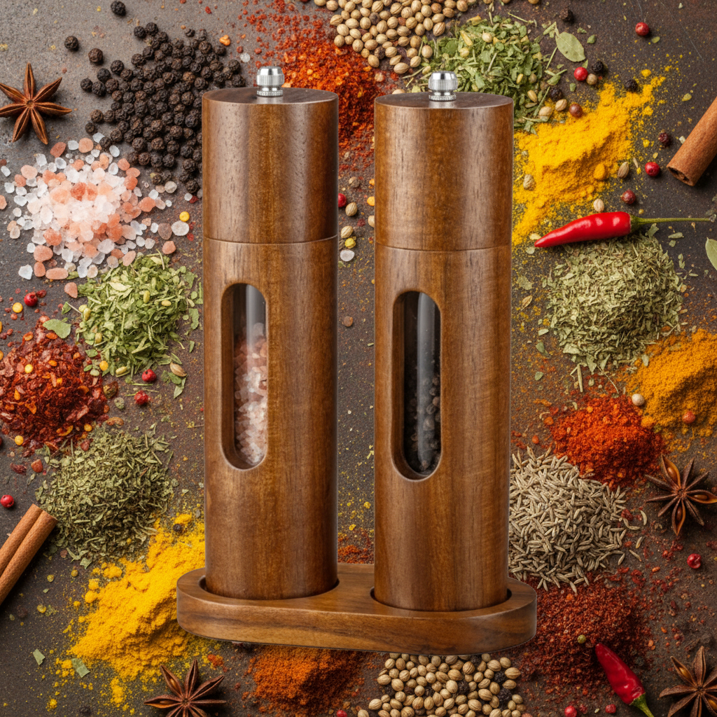 Spice Grinder Set, 8" tall, 2pcs, Acacia Wood