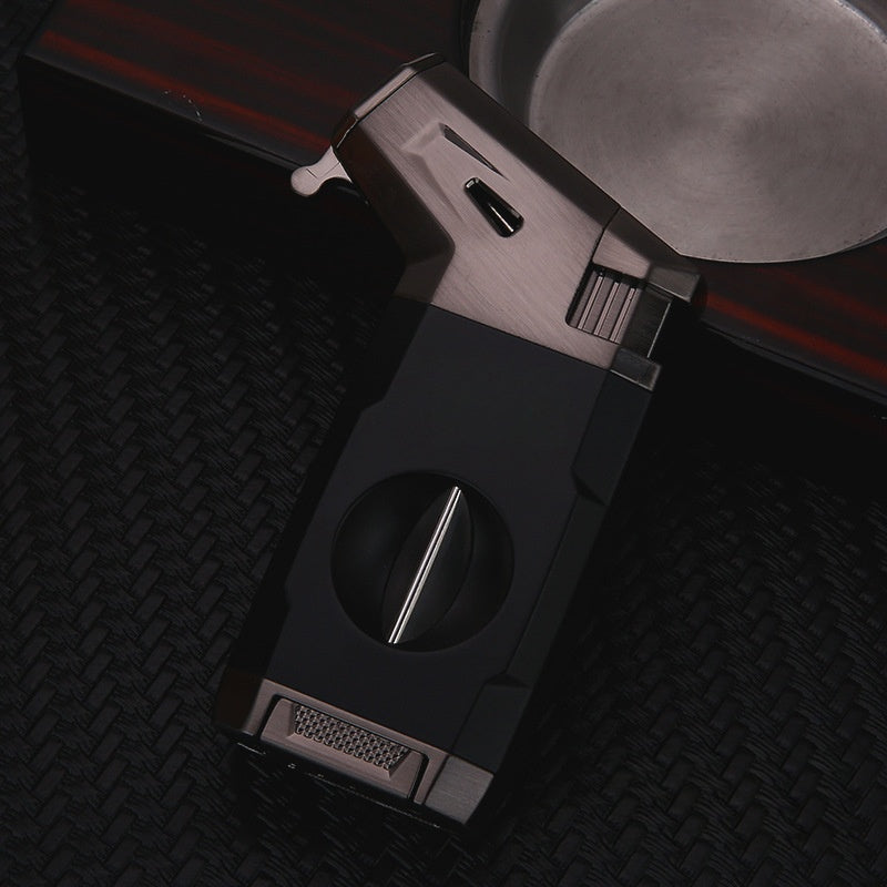 Cigar Lighter Torch, "Business Black", with V-shaped Cigar Cutter