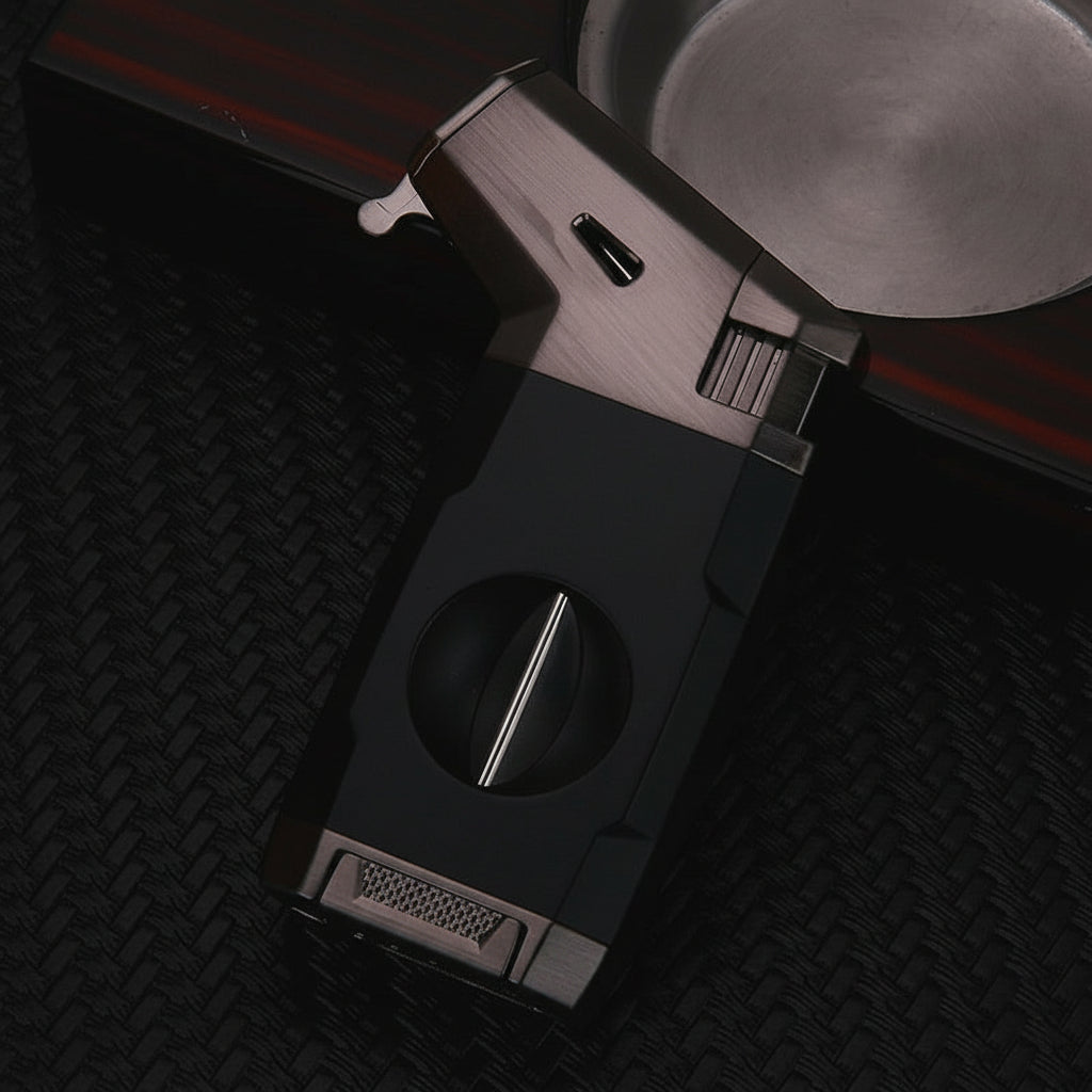 Cigar Lighter, "Business Black", with V-shaped Cigar Cutter