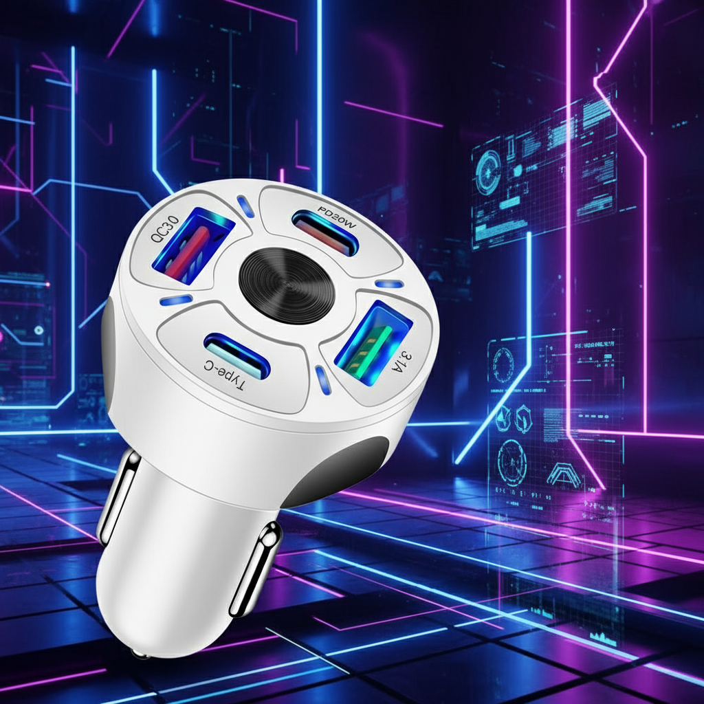 4 Outlets, White, Car Cell Phone Charger, High Power, 20W