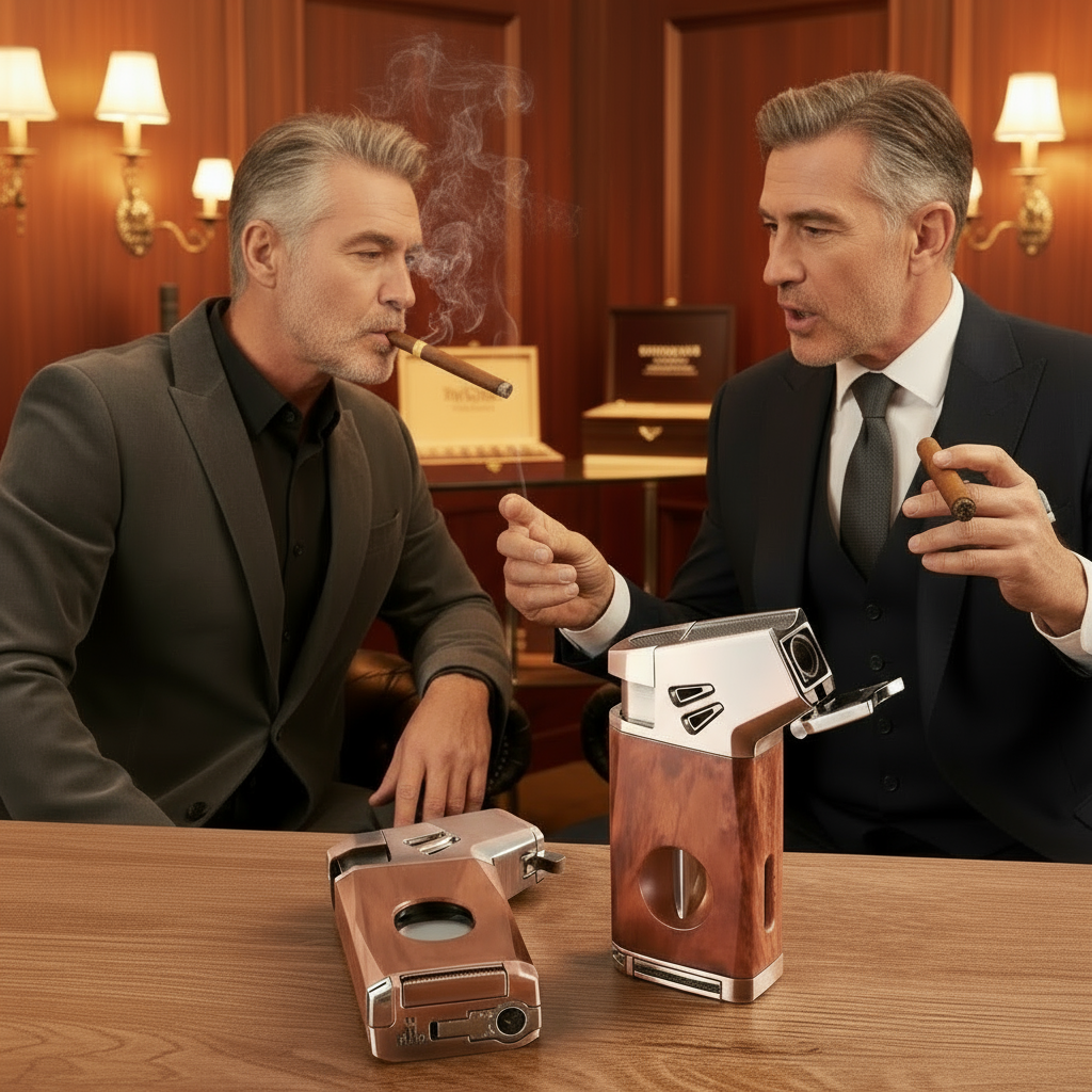 Cigar Lighter, "Redwood grain", with V-shaped Cigar Cutter