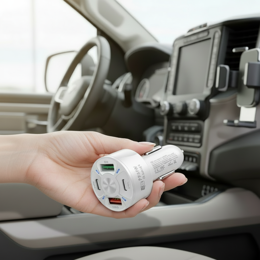 4 Outlets, White, Car Cell Phone Charger, High Power, 20W