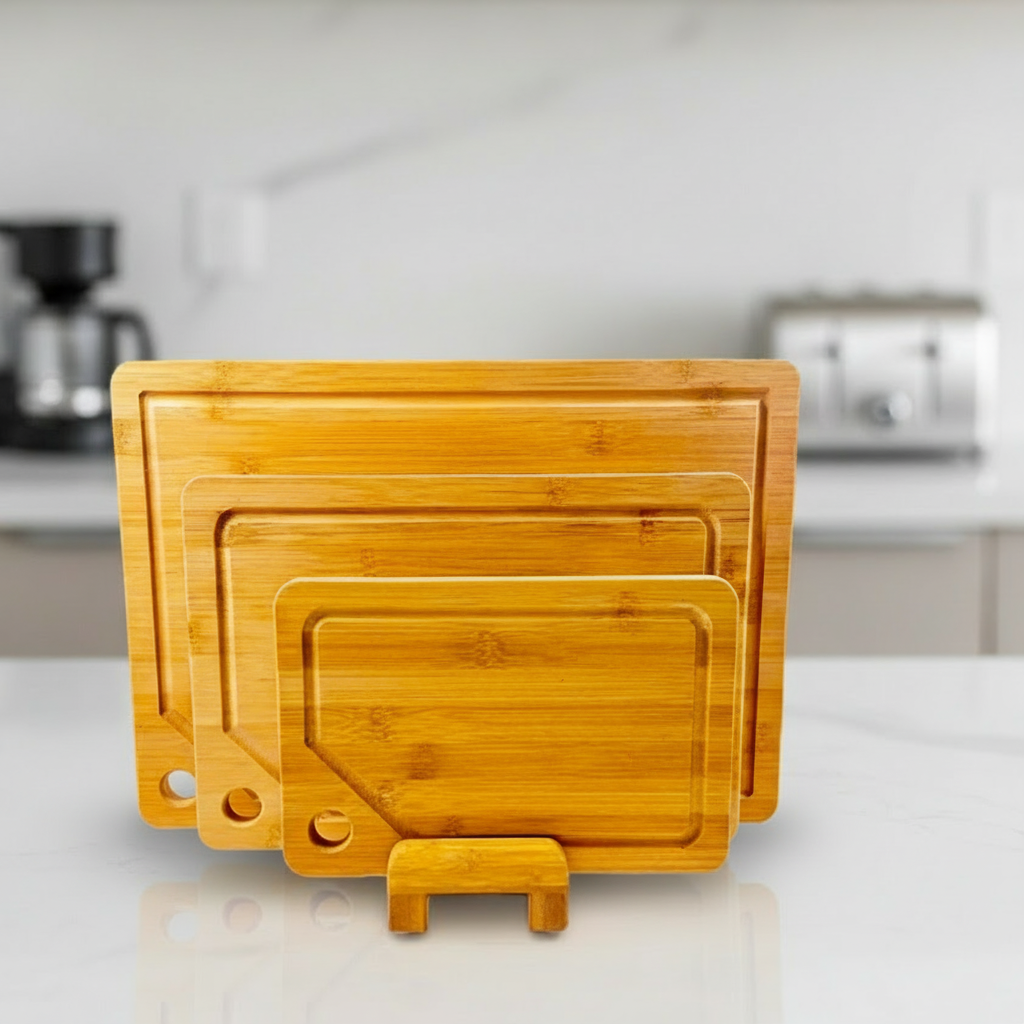 Bamboo Cutting/Serving Board, 4pcs Set, including Holder