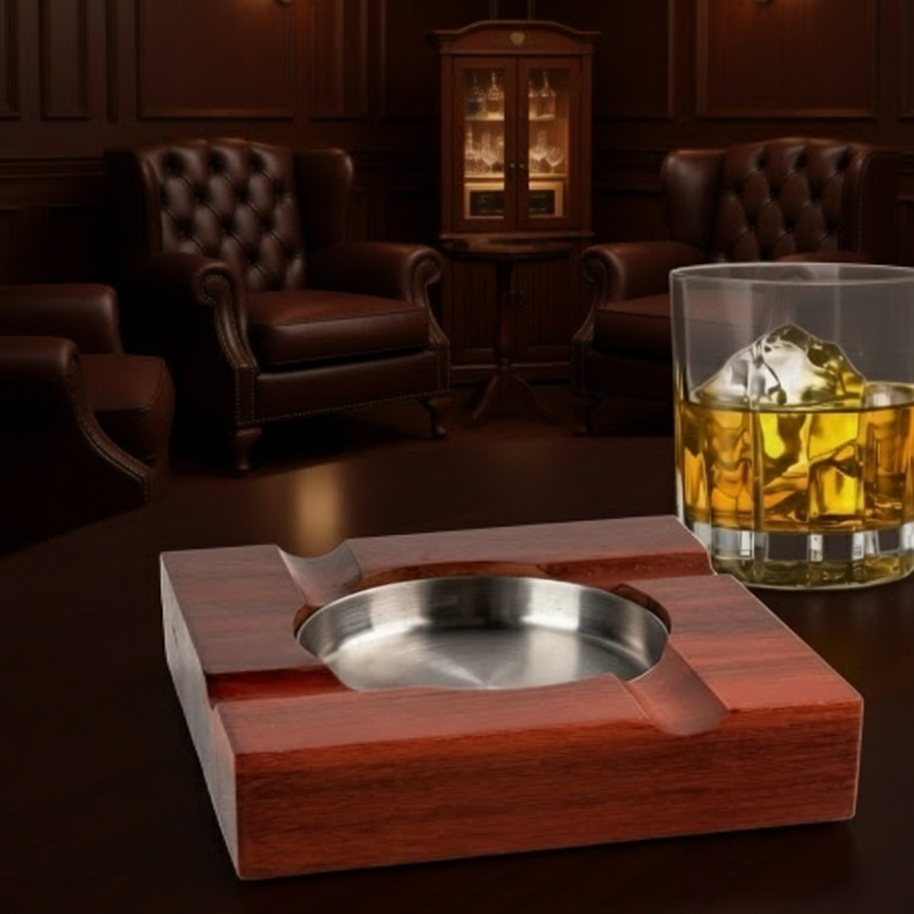 Cigar Ashtray, Hardwood, with Stainless metal Cup