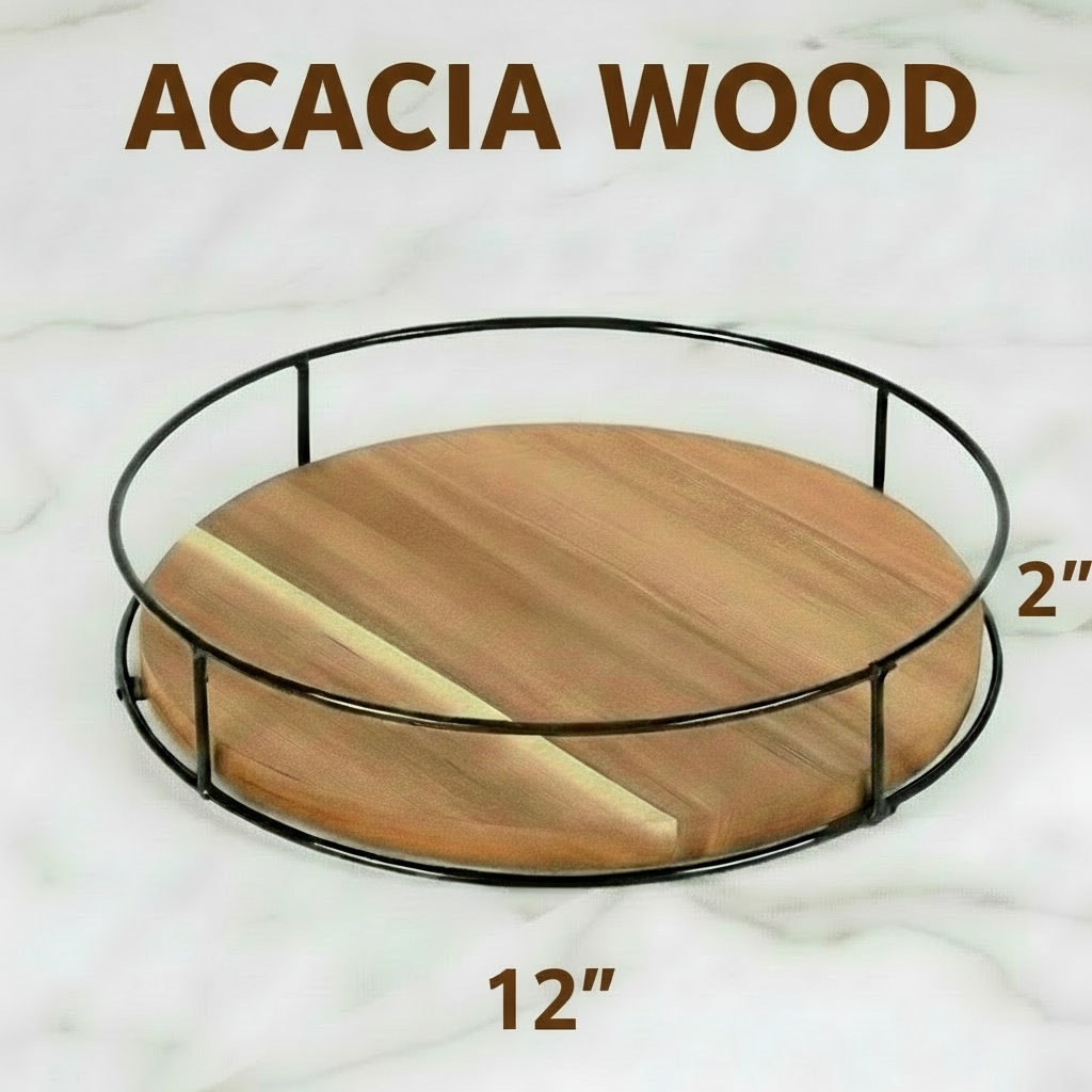 Acacia Wood Lazy Susan Kitchen Organizer, 12 inches, with Metal Frame