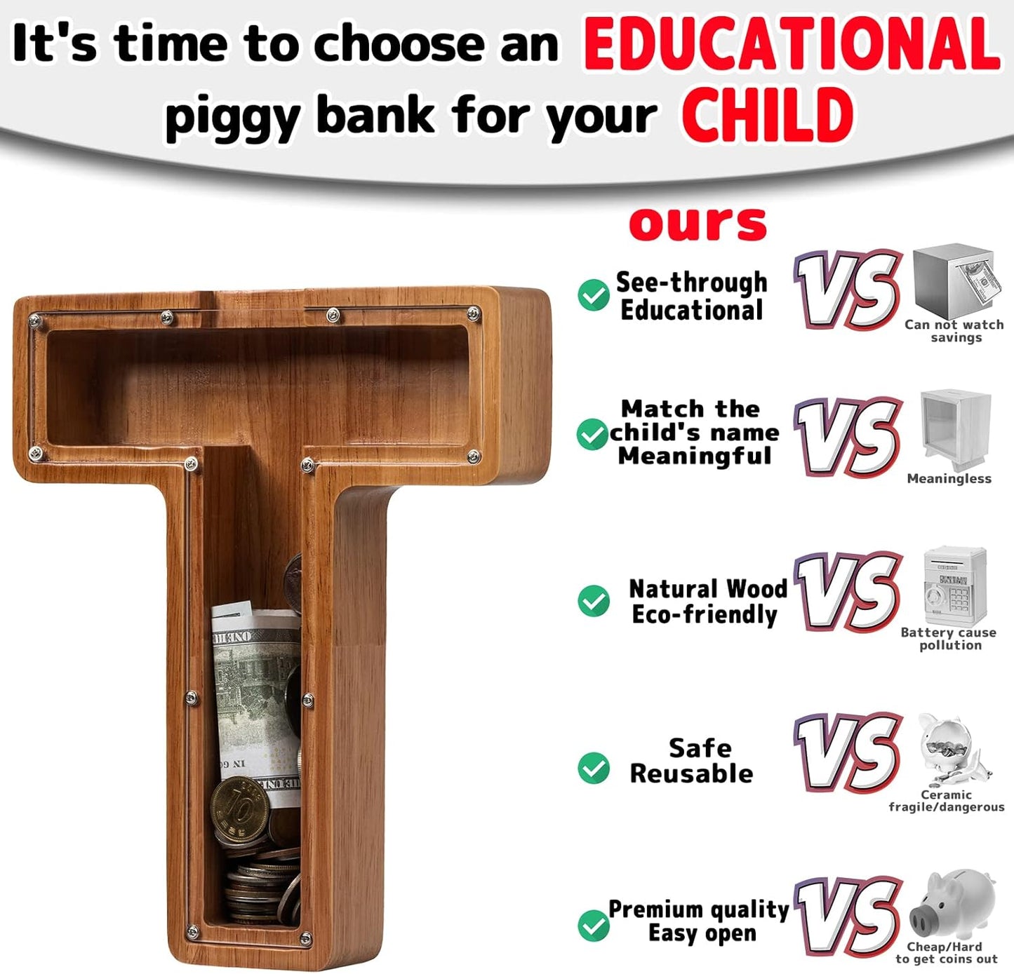 Alphabet Money Bank with Initial "T", 9 inch tall