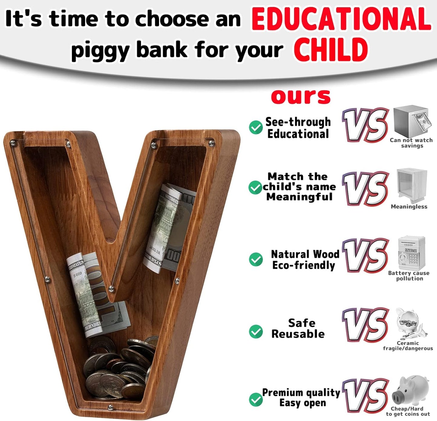 Alphabet Money Bank with Initial "V", 9 inch tall