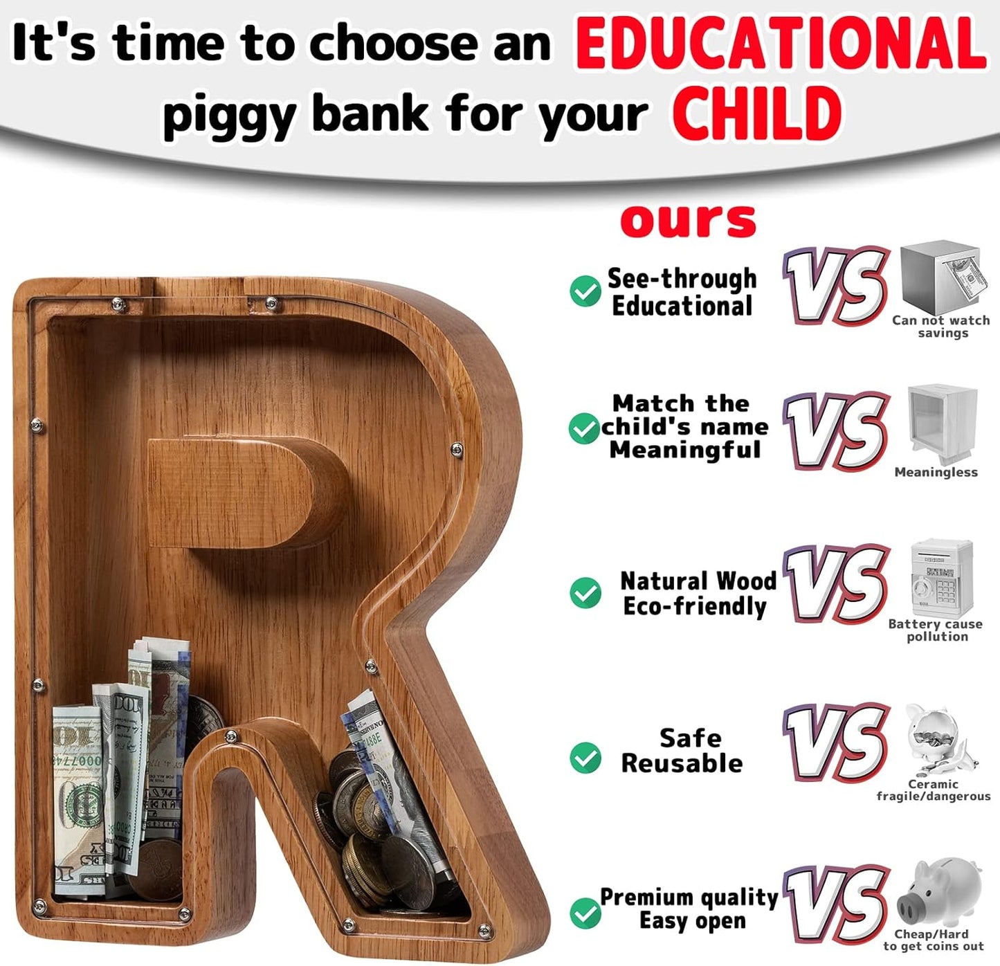 Alphabet Money Bank with Initial "R", 9 inch tall