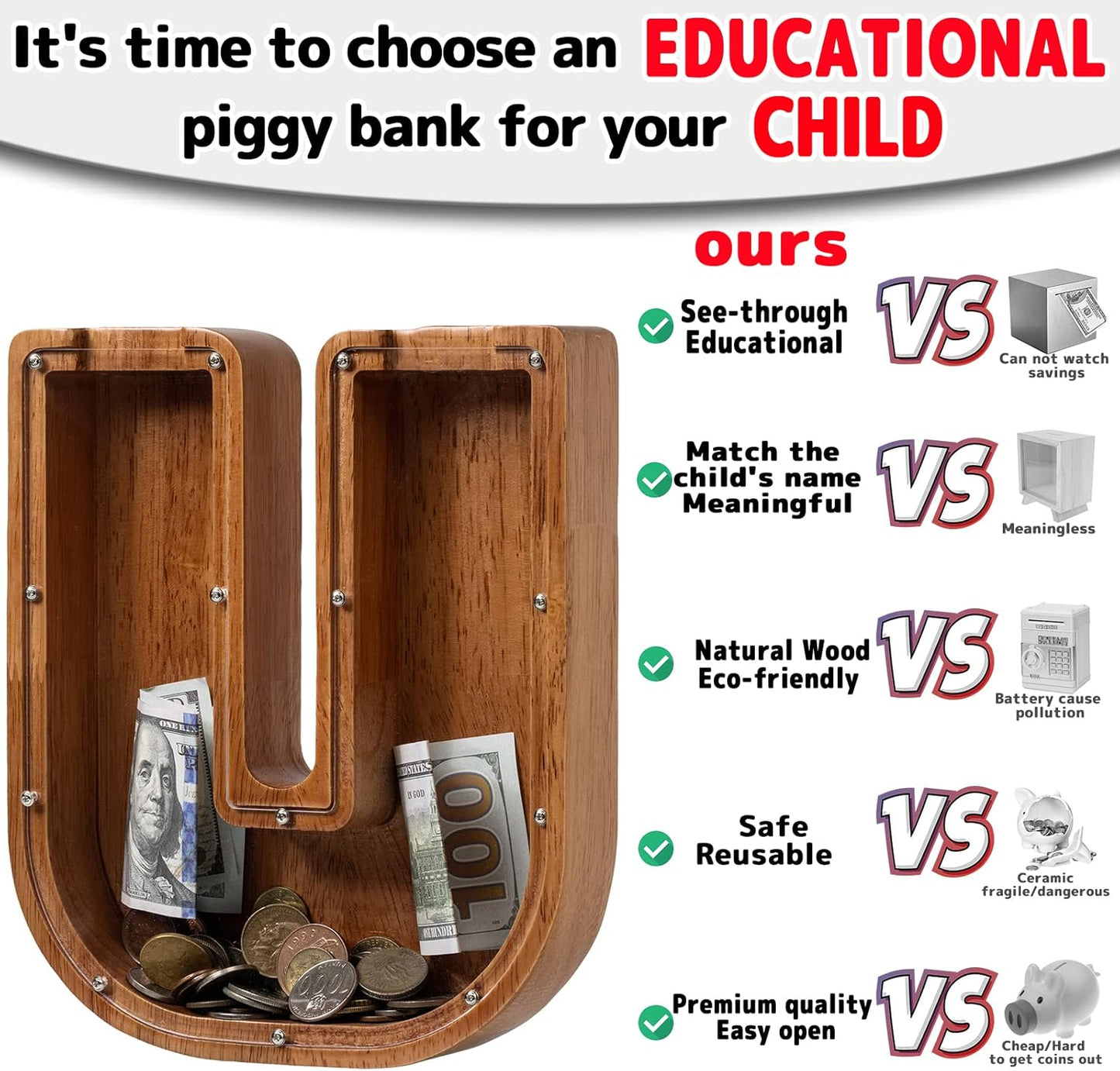 Alphabet Money Bank with Initial "U", 9 inch tall