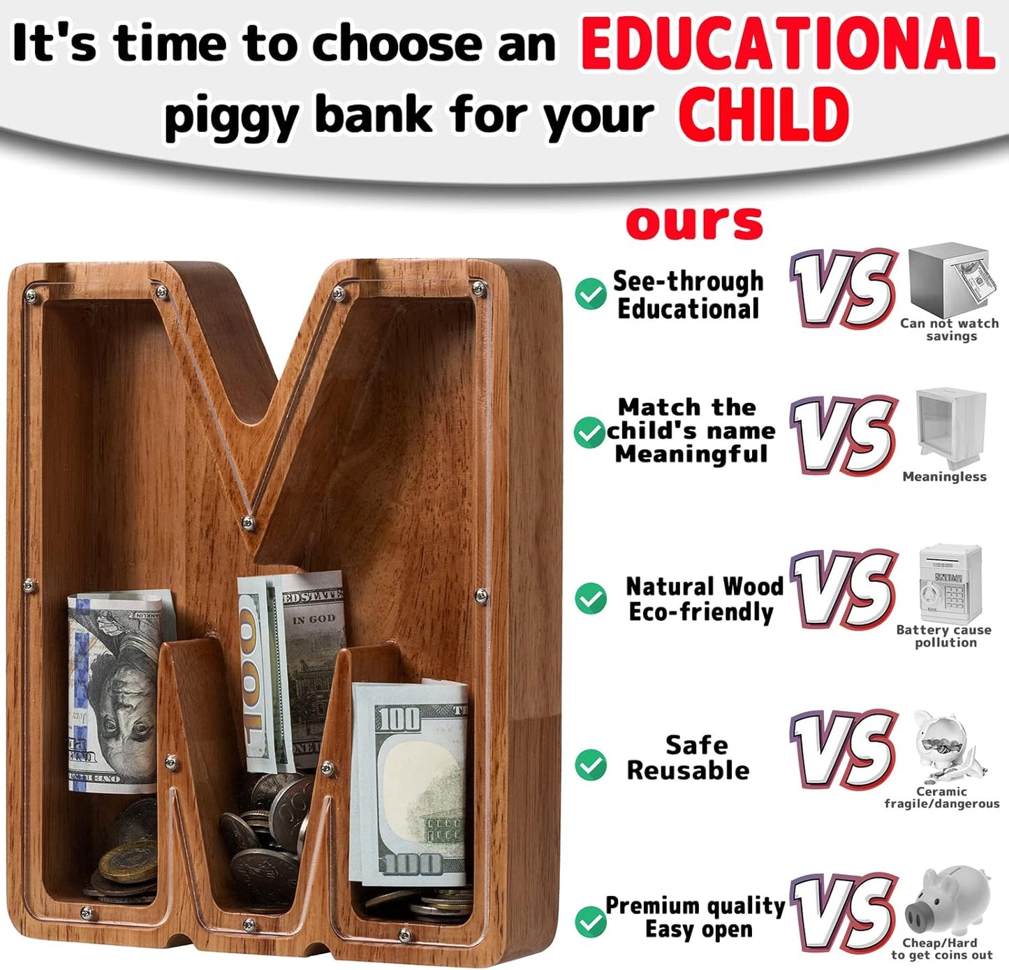 Alphabet Money Bank with Initial "M", 9 inch tall