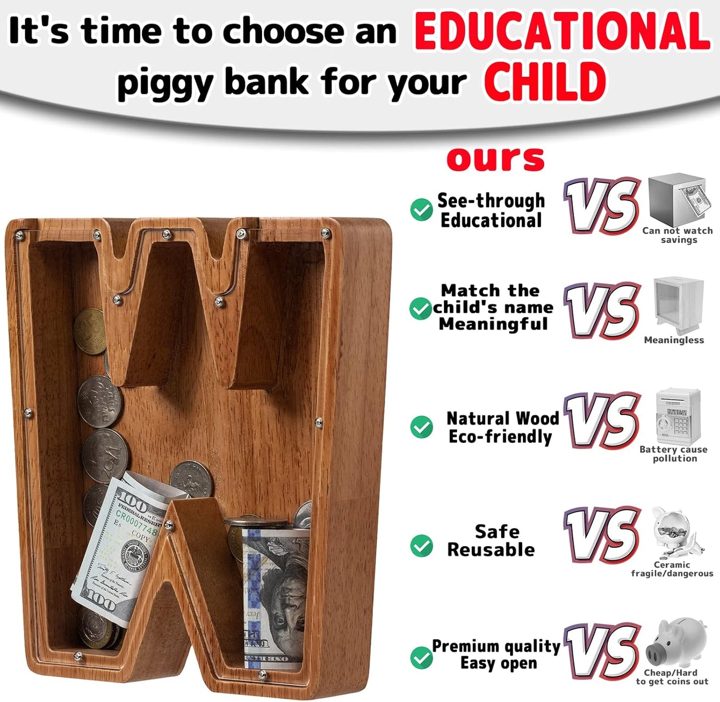 Alphabet Money Bank with Initial "W", 9 inch tall