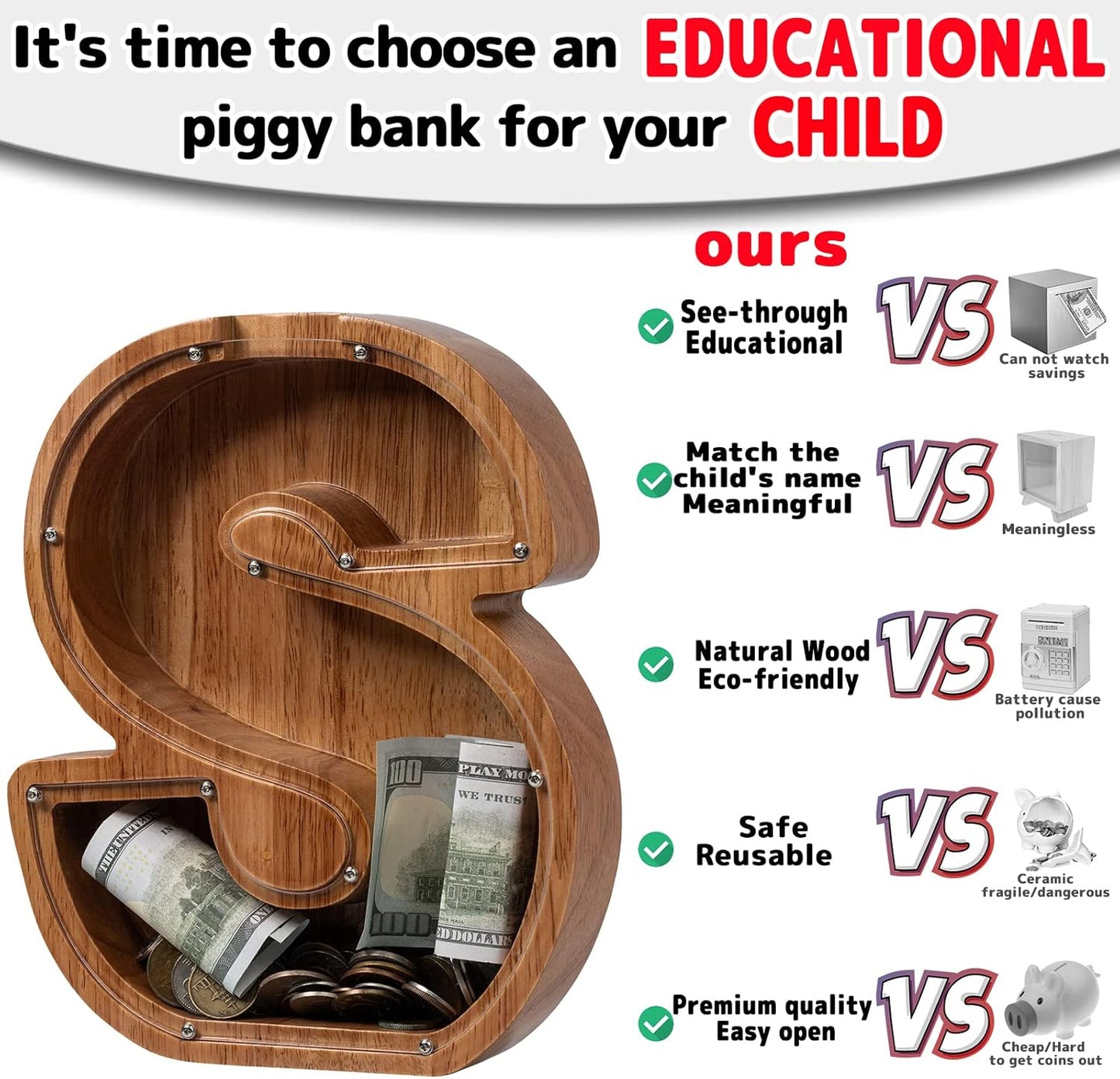 Alphabet Money Bank with Initial "S", 9 inch tall