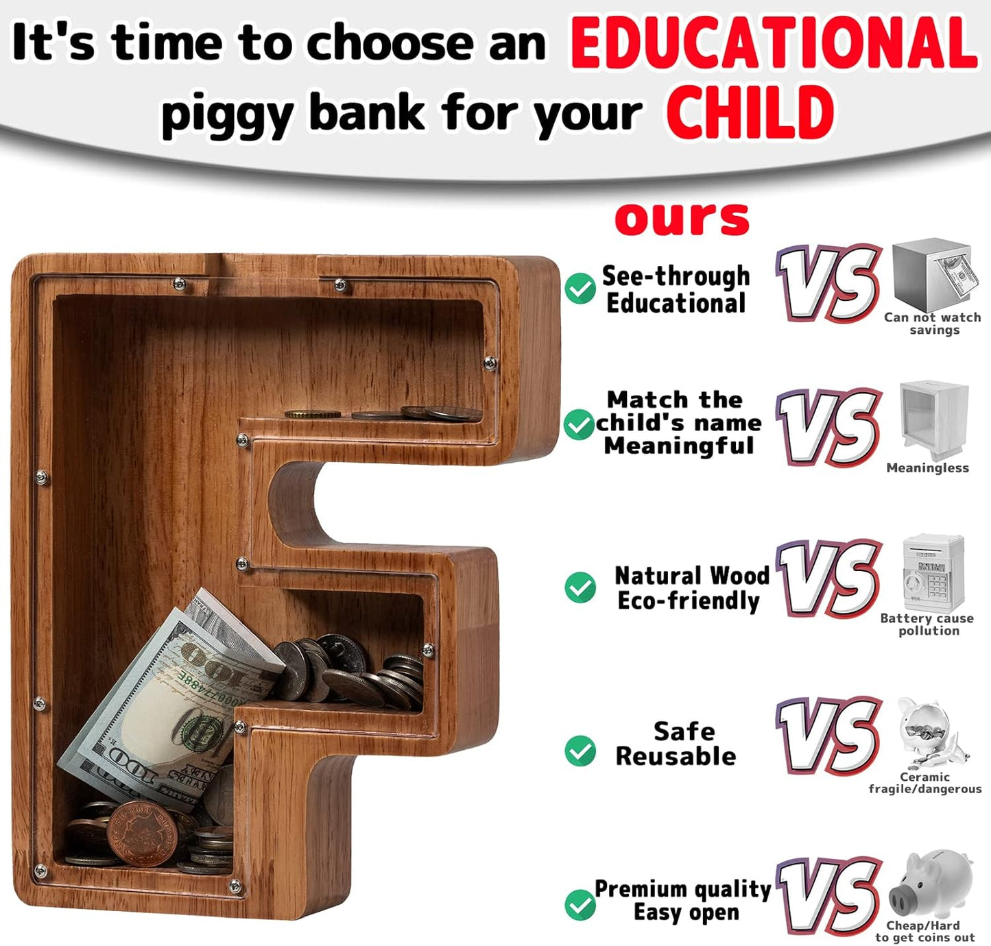 Alphabet Money Bank with Initial "F", 9 inch tall