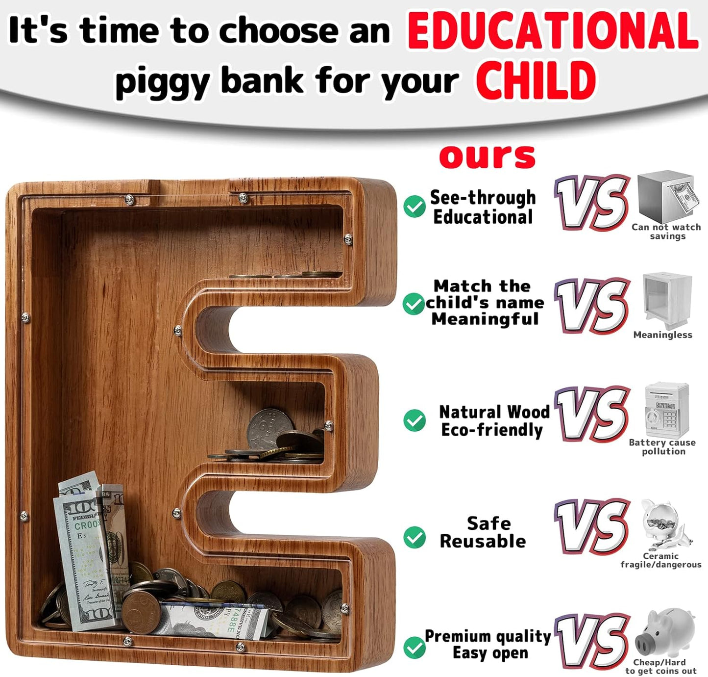 Alphabet Money Bank with Initial "E", 9 inch tall