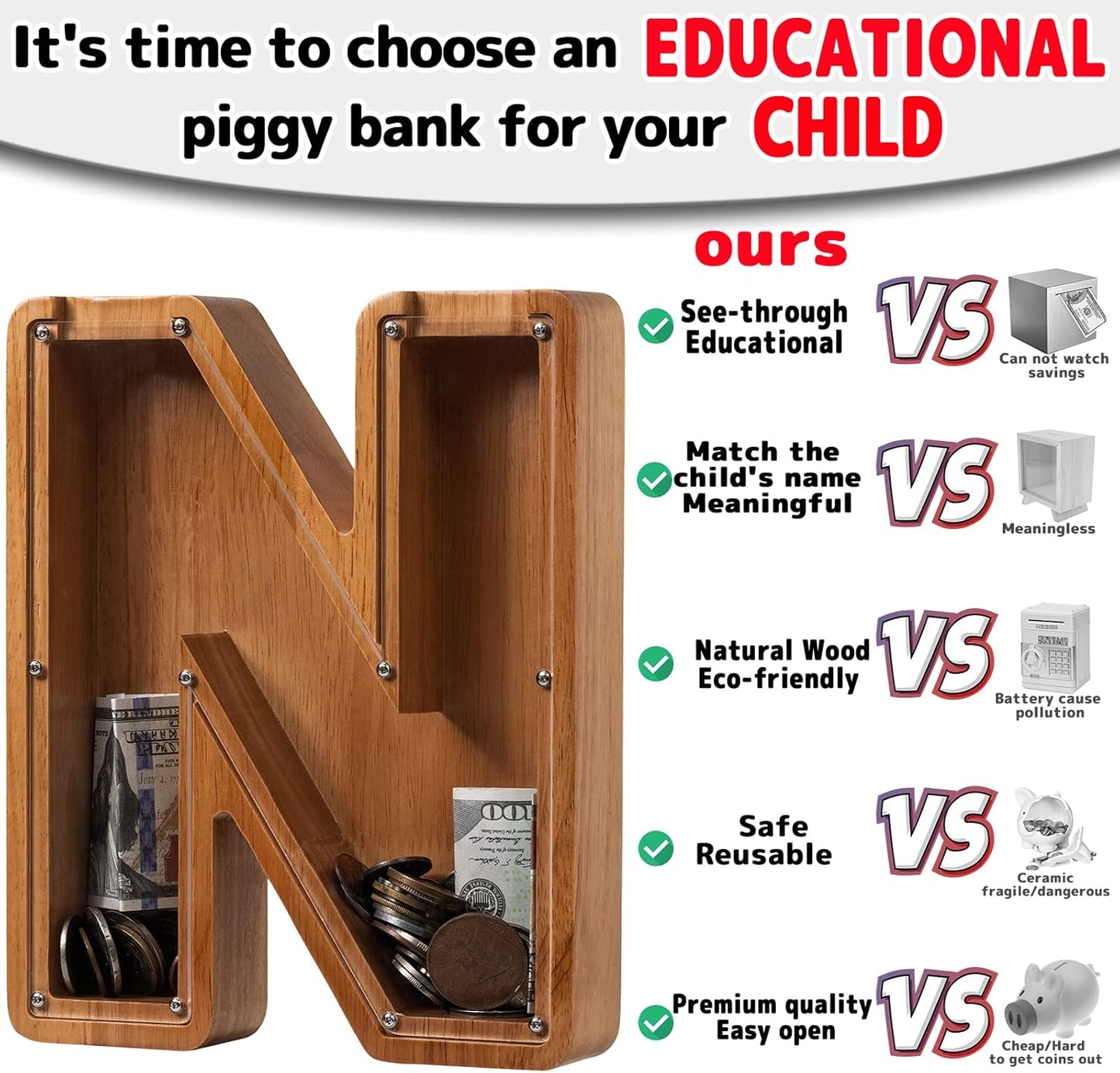 Alphabet Money Bank with Initial "N", 9 inch tall