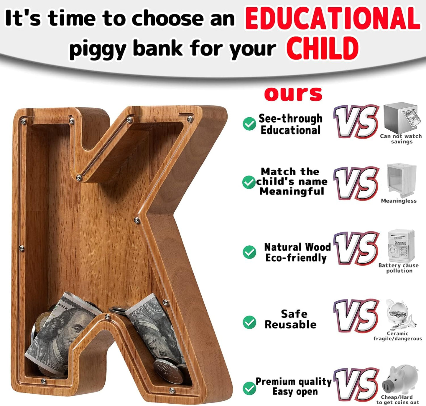 Alphabet Money Bank with Initial "K", 9 inch tall