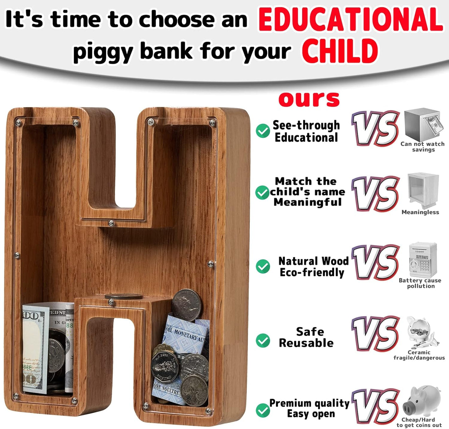 Alphabet Money Bank with Initial "H", 9 inch tall