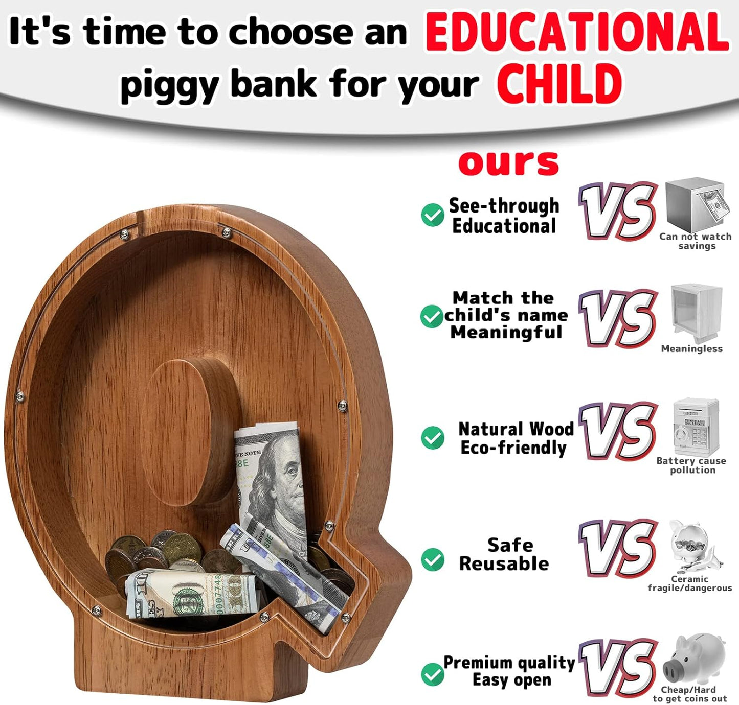 Alphabet Money Bank with Initial "Q", 9 inch tall