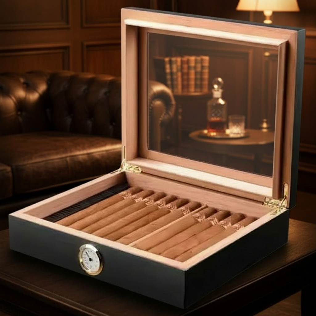 Cigar Box, Spanish Cedar, Black, with Hygrometer and Humidor, 9x7 inch