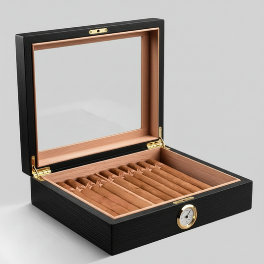 Cigar Box, Spanish Cedar, Black, with Hygrometer and Humidor, 9x7 inch
