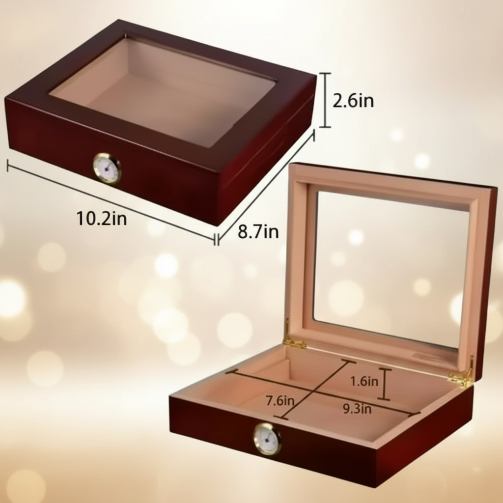 Cigar Box, Natural Hardwood, 10.2x8.7 inches, with Hygrometer and Humidor