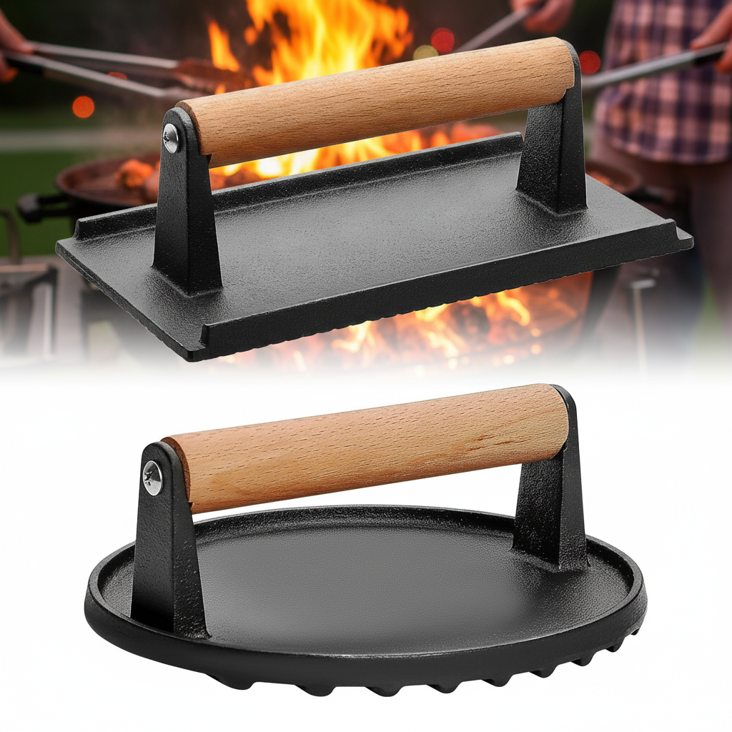 Cast Iron Grill Press, Rectangular for Bacon and Steak, Hardwood Handle