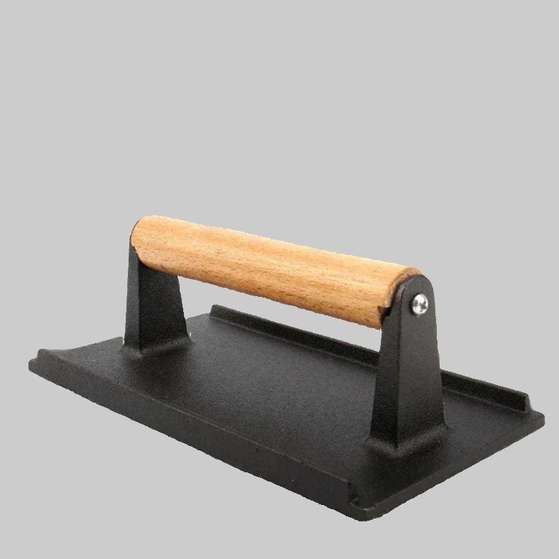 Cast Iron Grill Press, Rectangular for Bacon and Steak, Hardwood Handle