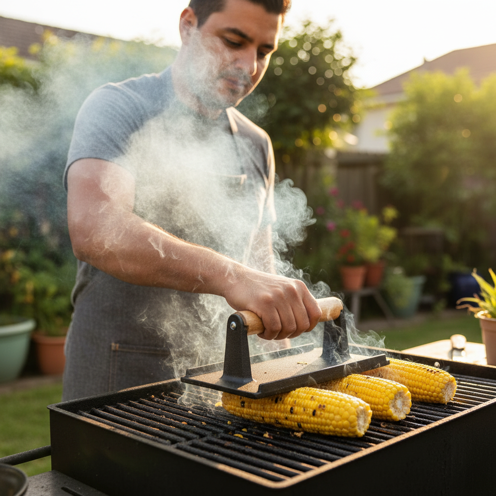 Cast Iron Grill Press, Rectangular for Bacon and Steak, Hardwood Handle
