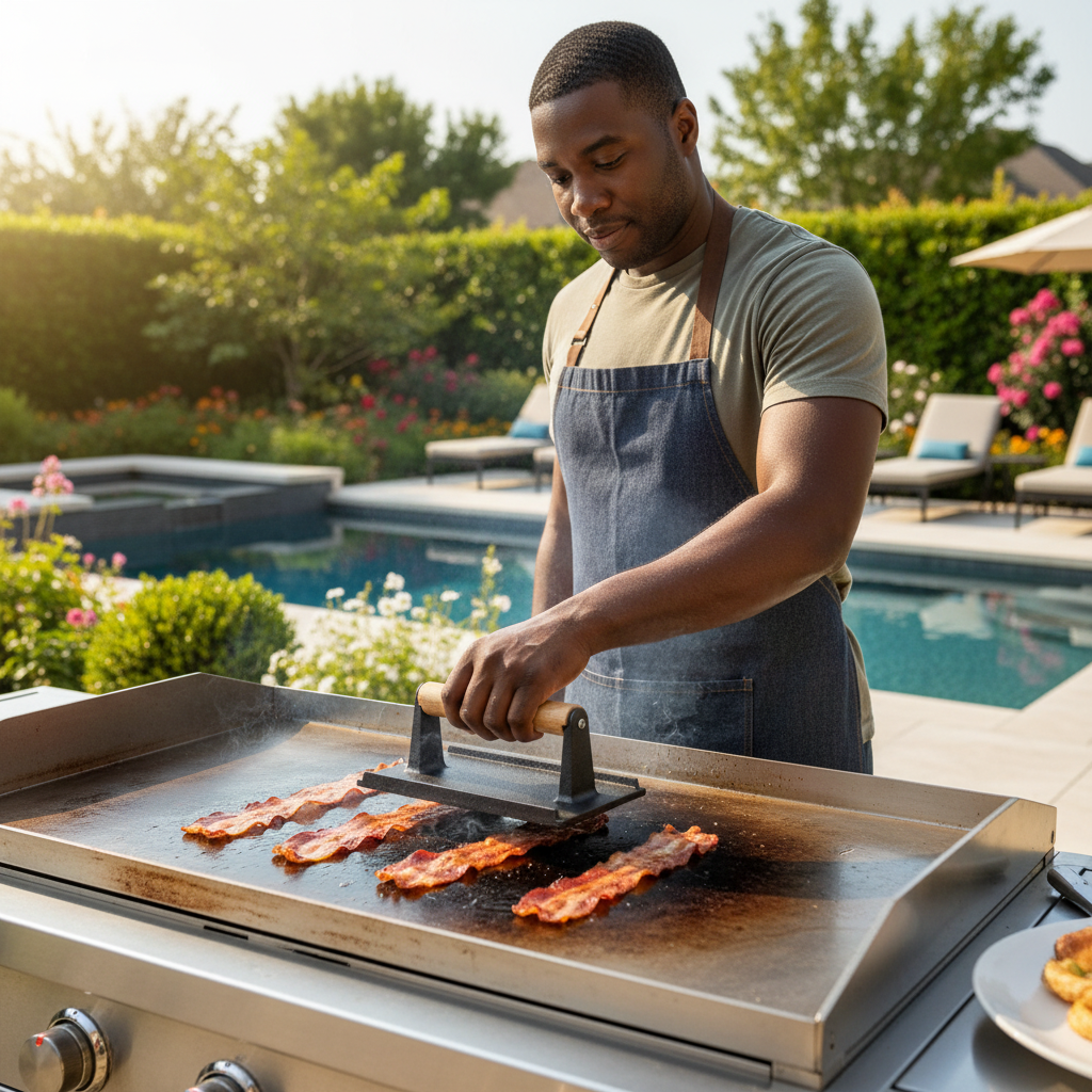 Cast Iron Grill Press, Rectangular for Bacon and Steak, Hardwood Handle