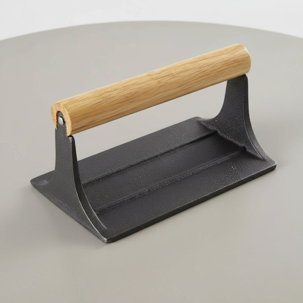 Cast Iron Grill Press, Rectangular for Bacon and Steak, Hardwood Handle