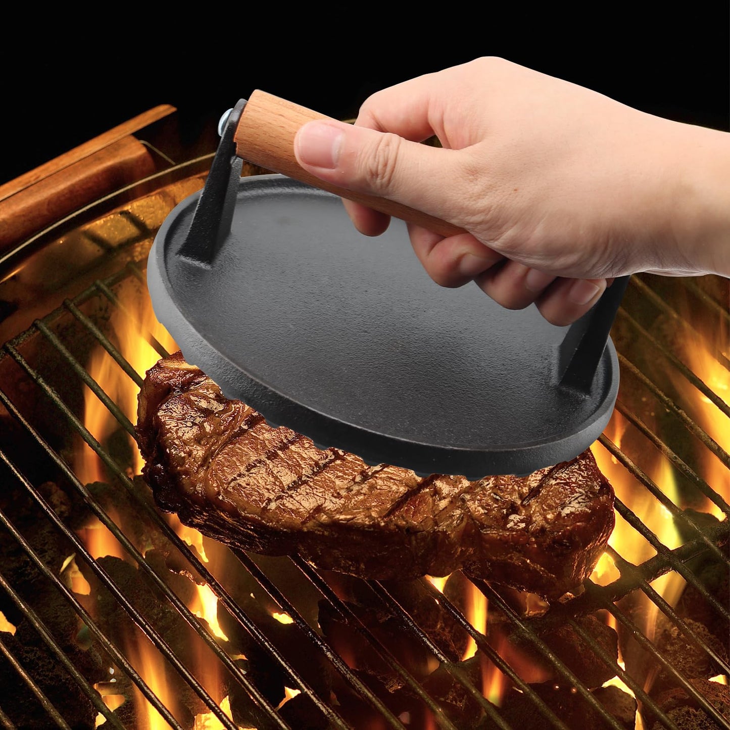 Cast Iron Grill Press, Round for Burgers and Stakes, Hardwood Handle