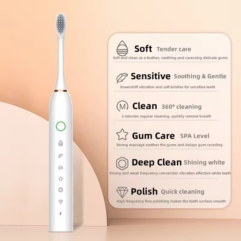 Sonic Electric Toothbrush, White, Waterproof, Rechargeable