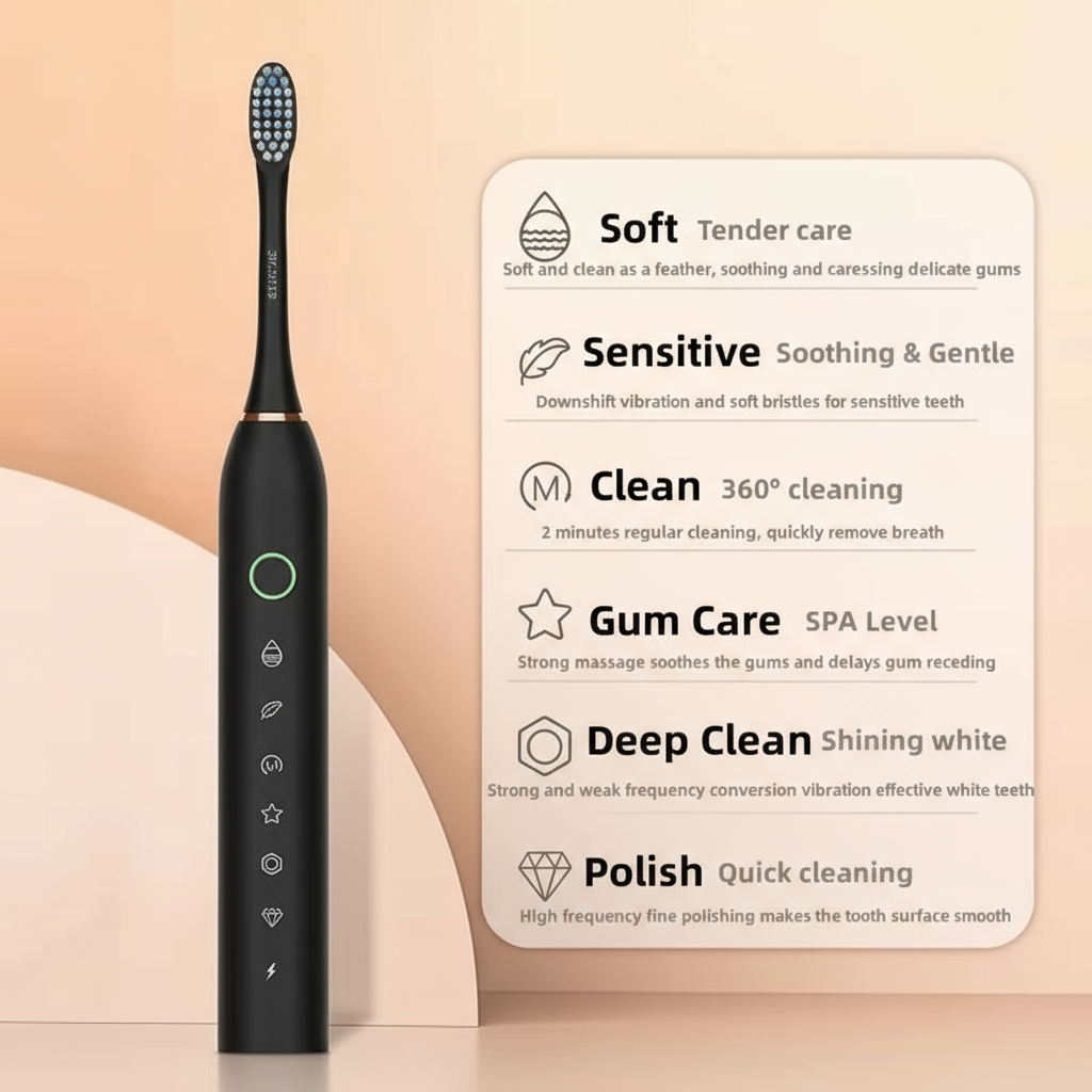 Sonic Electric Toothbrush, Black, Waterproof, Rechargeable