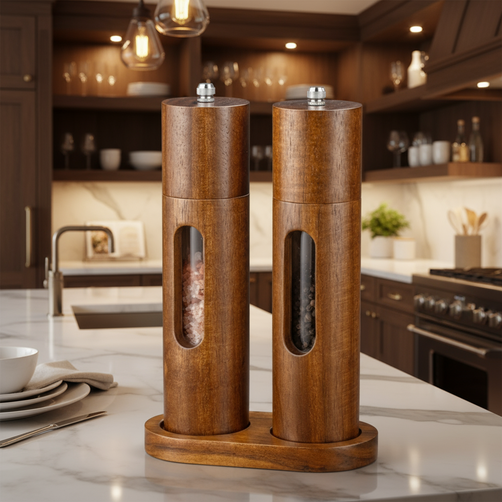 Spice Grinder Set, 8" tall, 2pcs, Acacia Wood