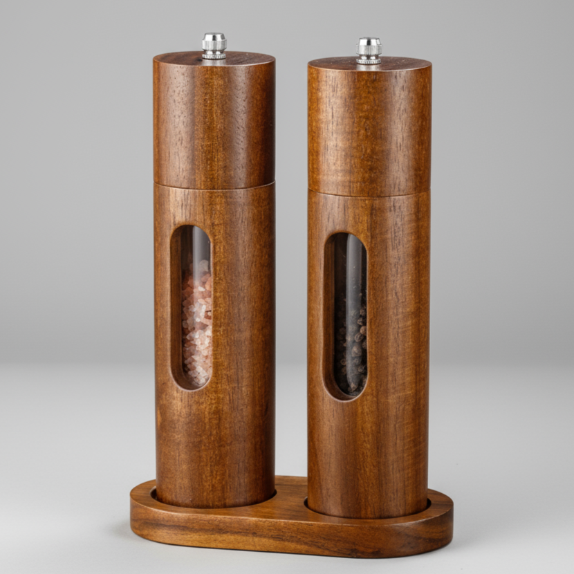Spice Grinder Set, 8" tall, 2pcs, Acacia Wood