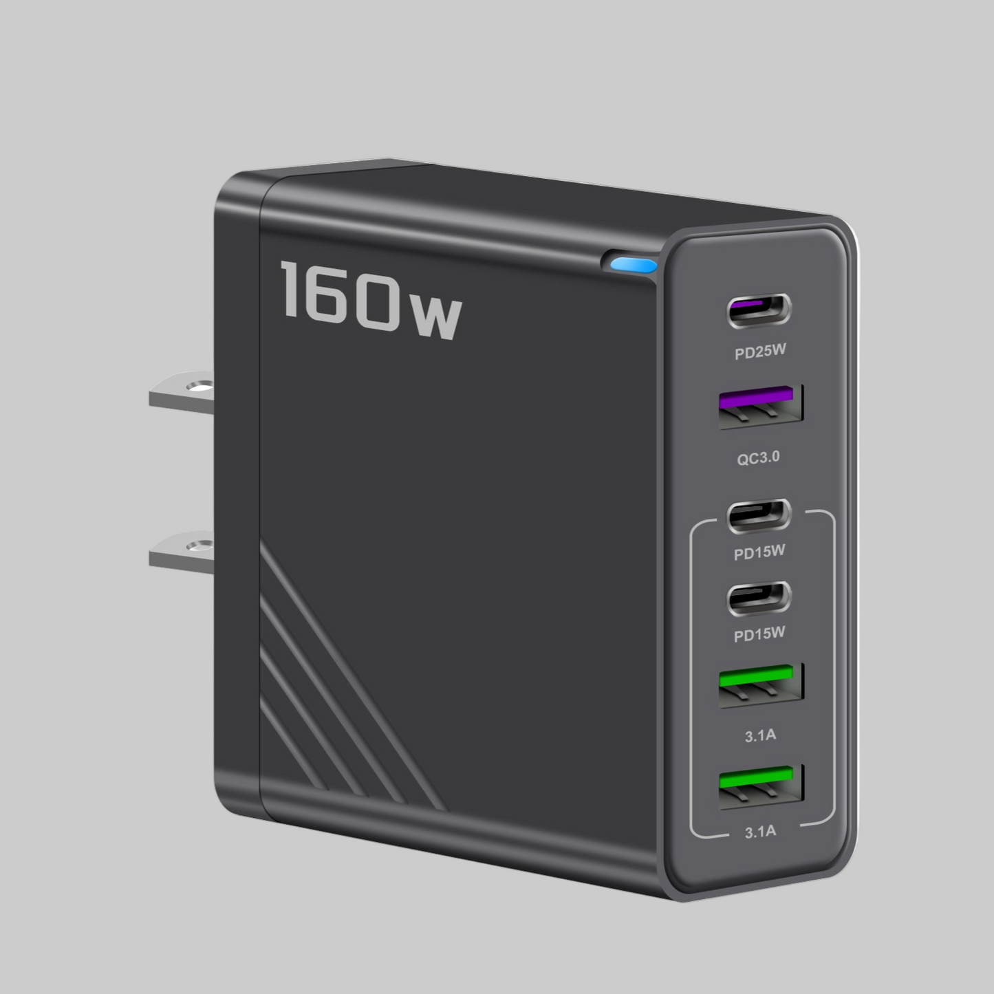 6 Outlets Charging Station, Black,  Extra High Power 160W, Box Included