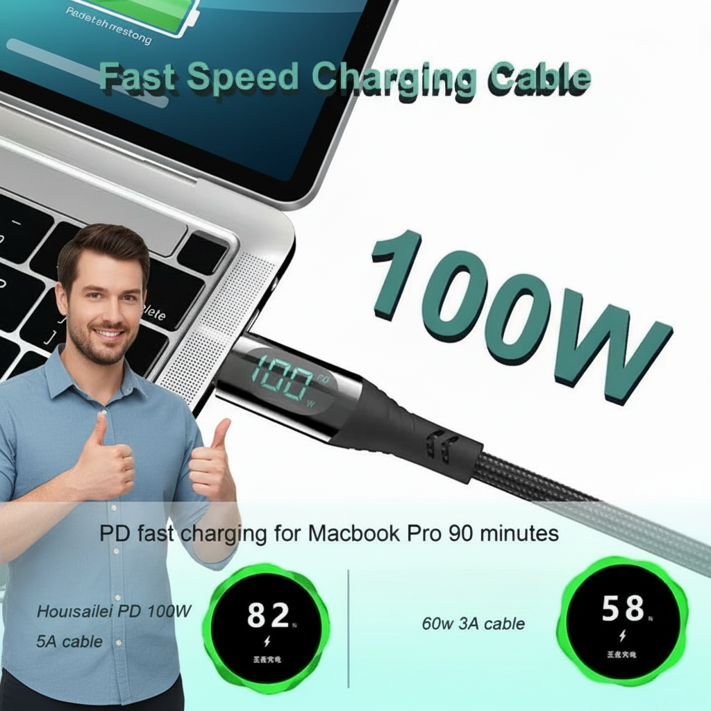 LED 4ft USB to Type-C Charging Cable, 100W