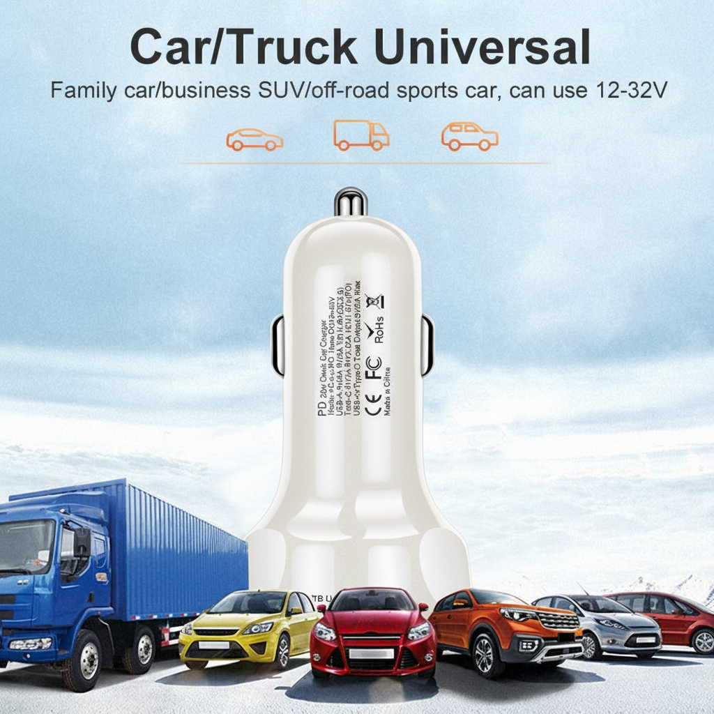 4 Outlets, White, Car Cell Phone Charger, High Power, 20W