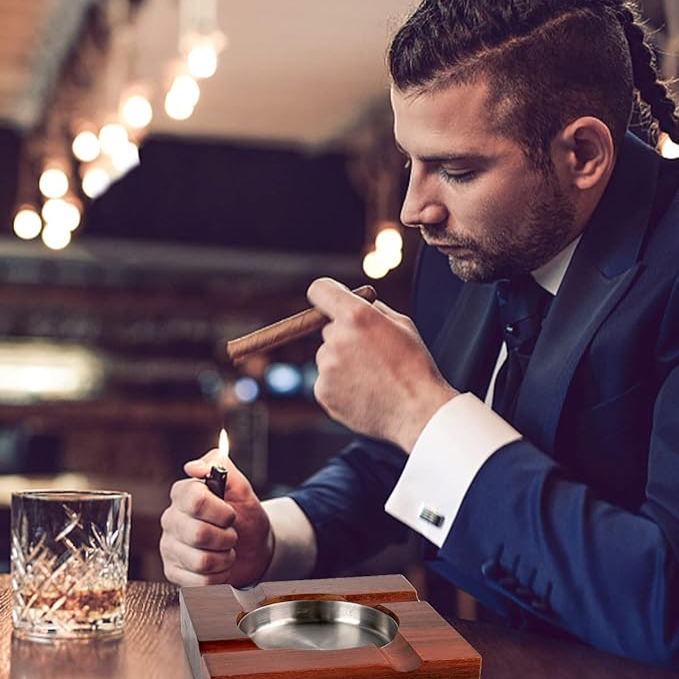Cigar Ashtray, Hardwood, with Stainless metal Cup