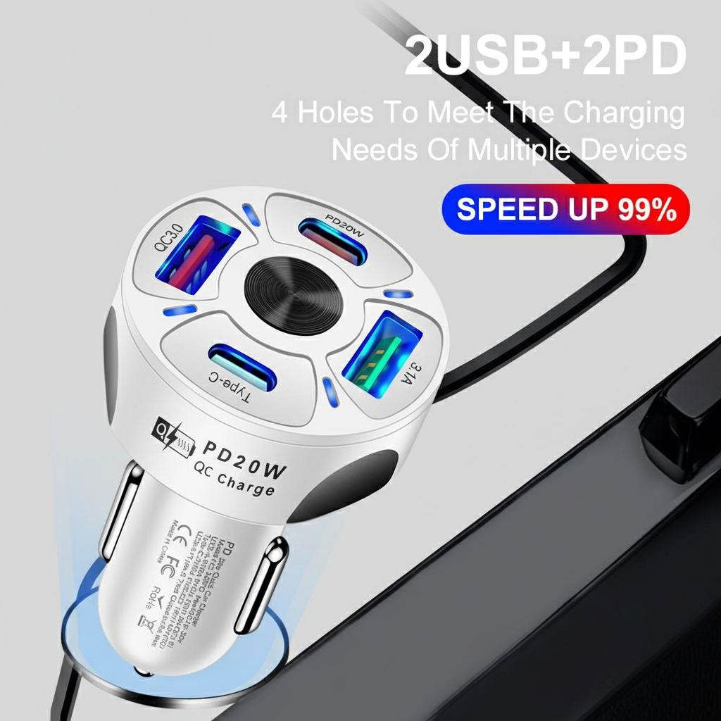 4 Outlets, White, Car Cell Phone Charger, High Power, 20W