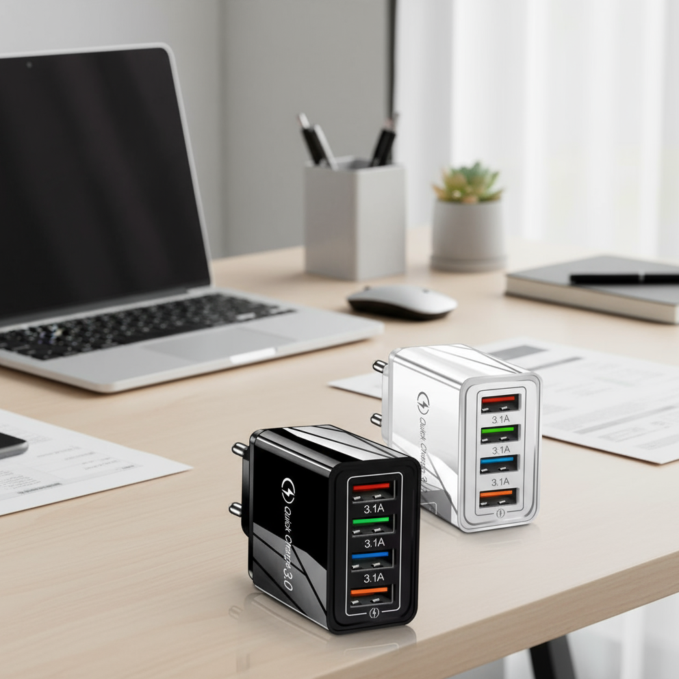 4 Outlets, White, Wall Cell Phone Charger, High Power 20W