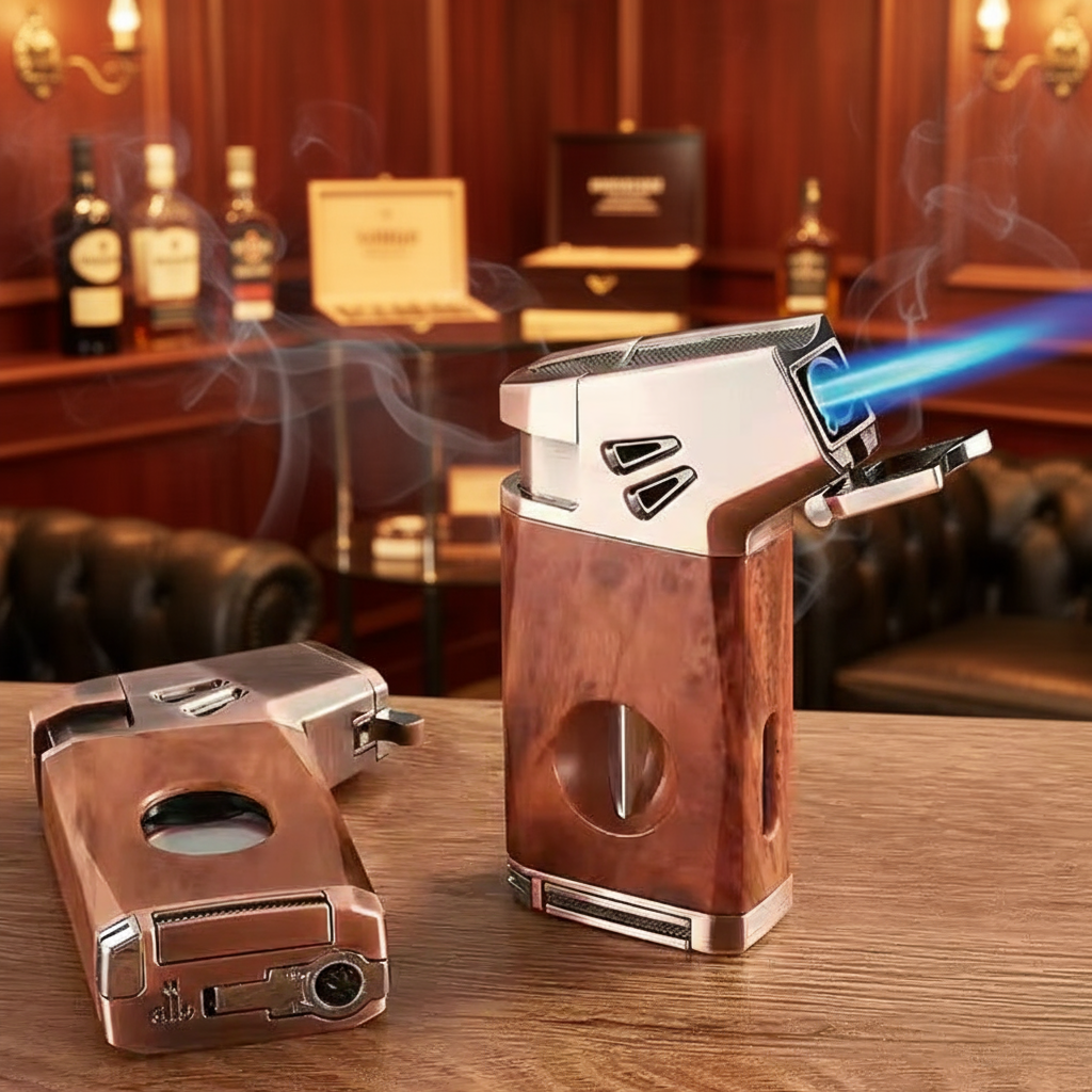 Cigar Lighter Torch, "Redwood grain", with V-shaped Cigar Cutter