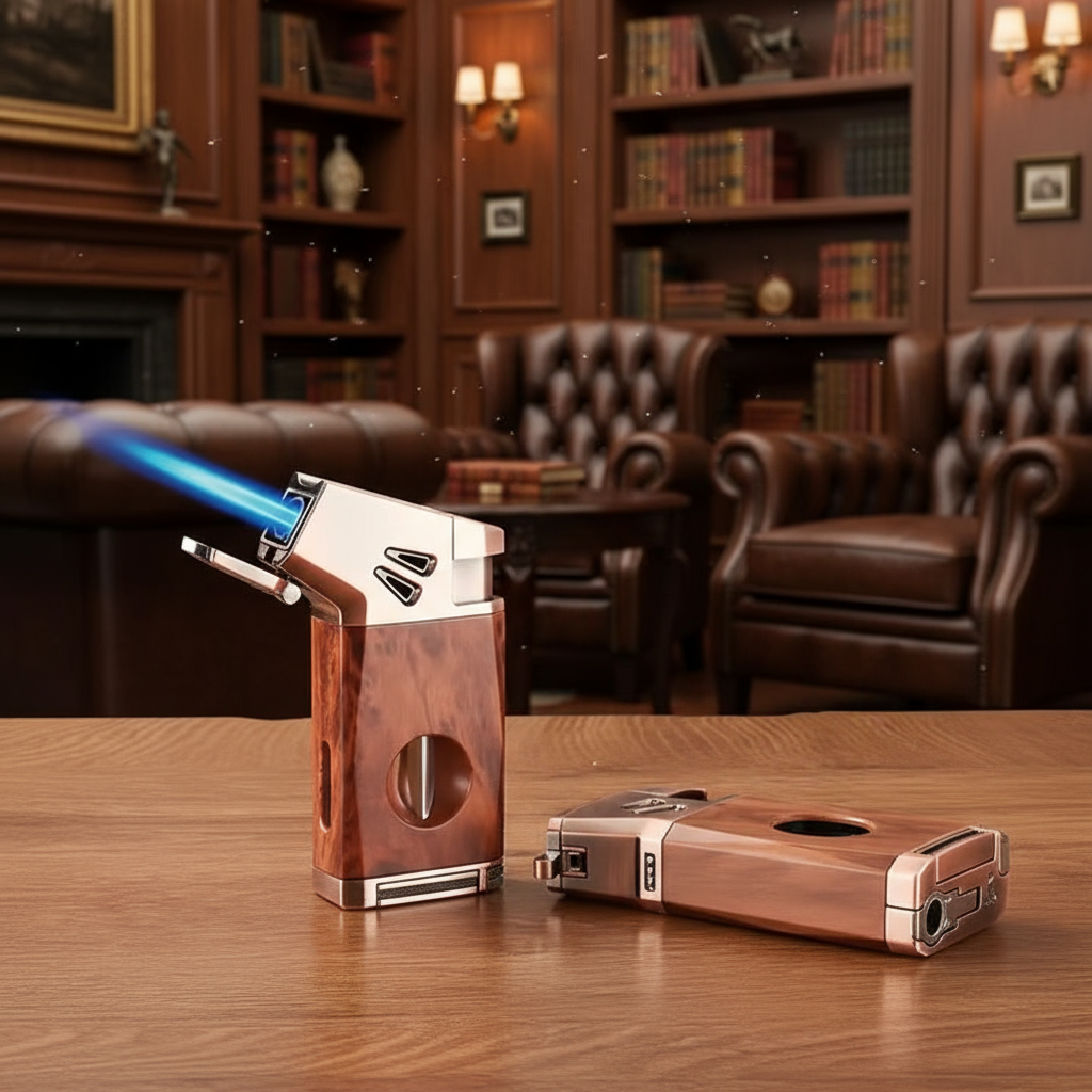 Cigar Lighter Torch, "Redwood grain", with V-shaped Cigar Cutter
