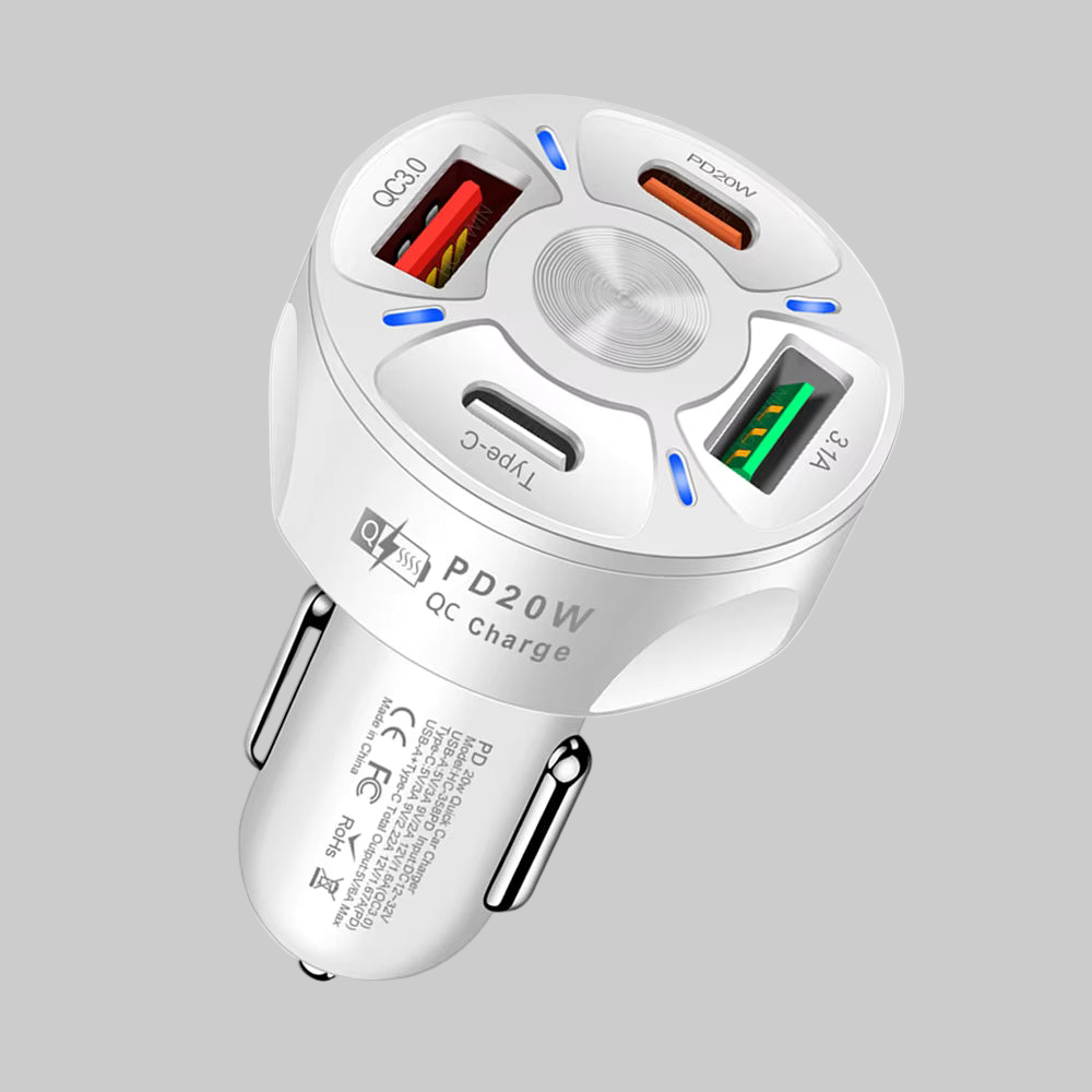 4 Outlets, White, Car Cell Phone Charger, High Power, 20W