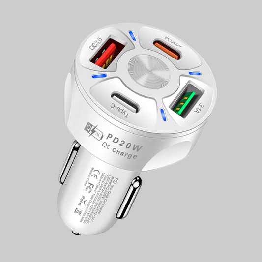 4 Outlets, White, Car Cell Phone Charger, High Power, 20W