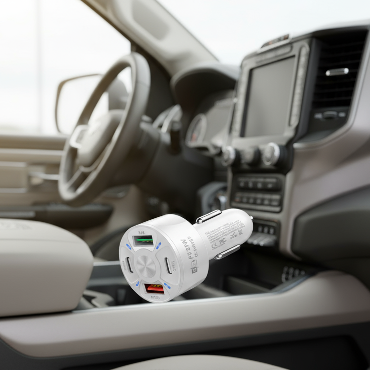 4 Outlets, White, Car Cell Phone Charger, High Power, 20W